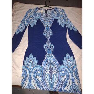 Donna Morgan Blue White Paisley Medallion Sheath Dress Long Sleeve Size 4